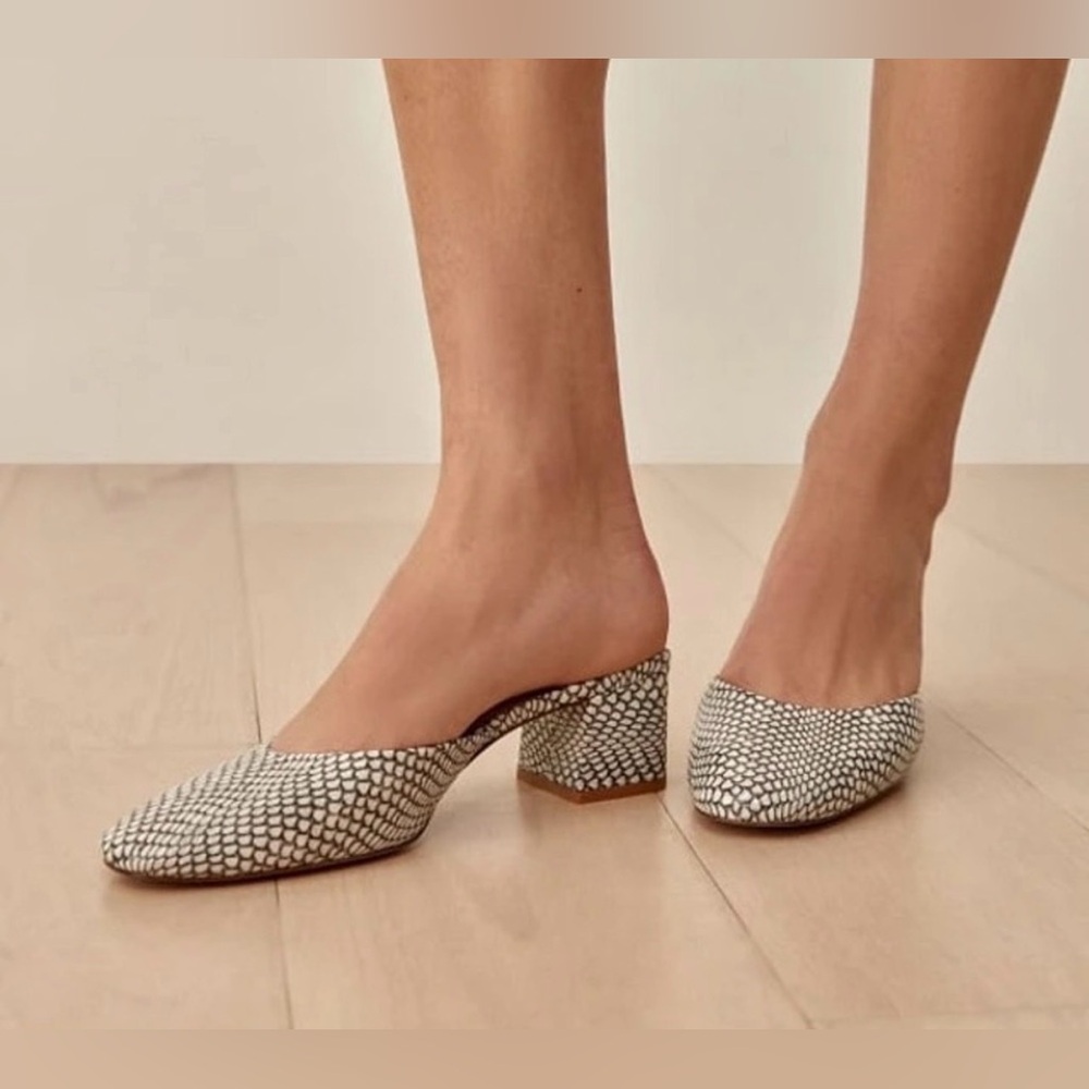 Reformation Marina Block Heel Mules in Snakeskin